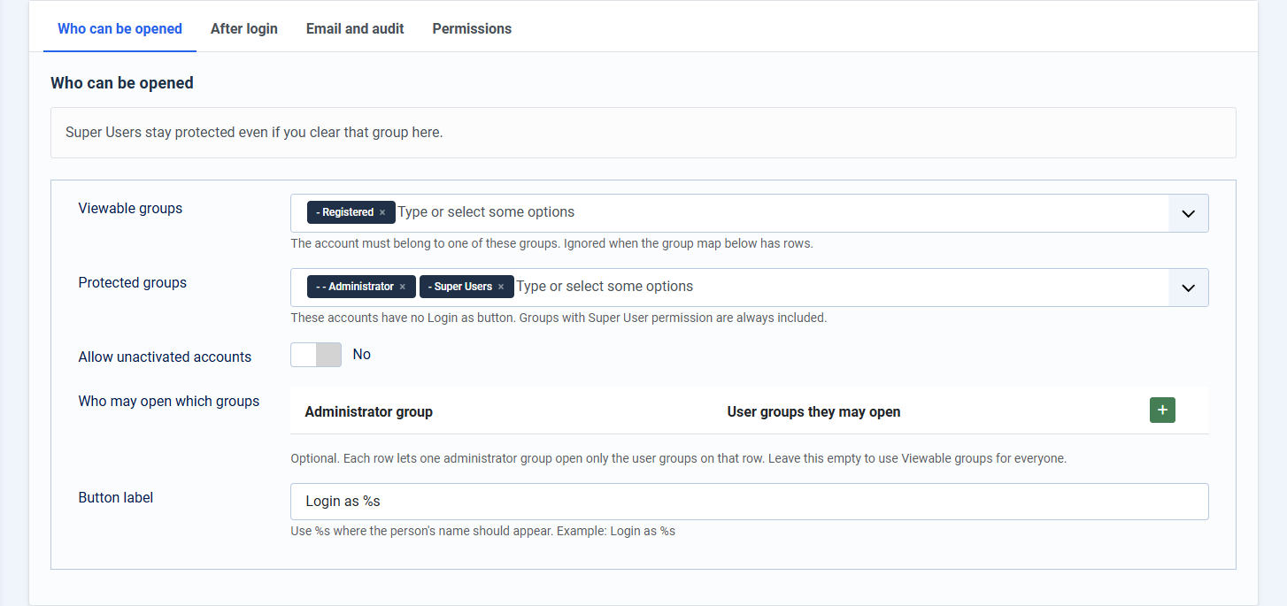 Configuration screen with viewable groups, protected groups, and the Login as button label