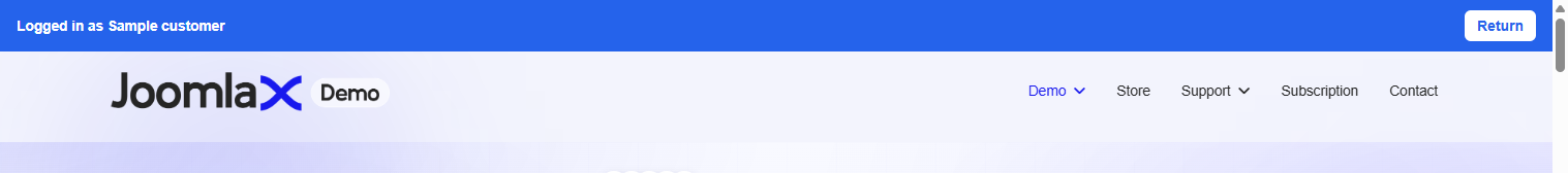 Public site with a blue bar reading Logged in as Sample customer and a Return button