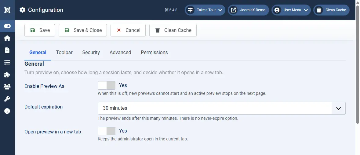 Configuration General tab with preview enabled, 30 minutes, and open in a new tab