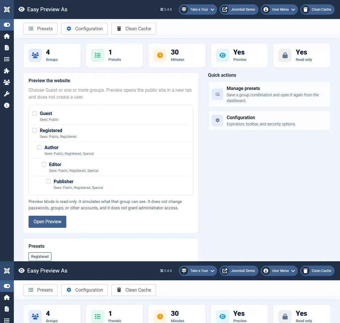 Dashboard with Guest, Registered, Author, Editor, and Publisher, plus Open Preview