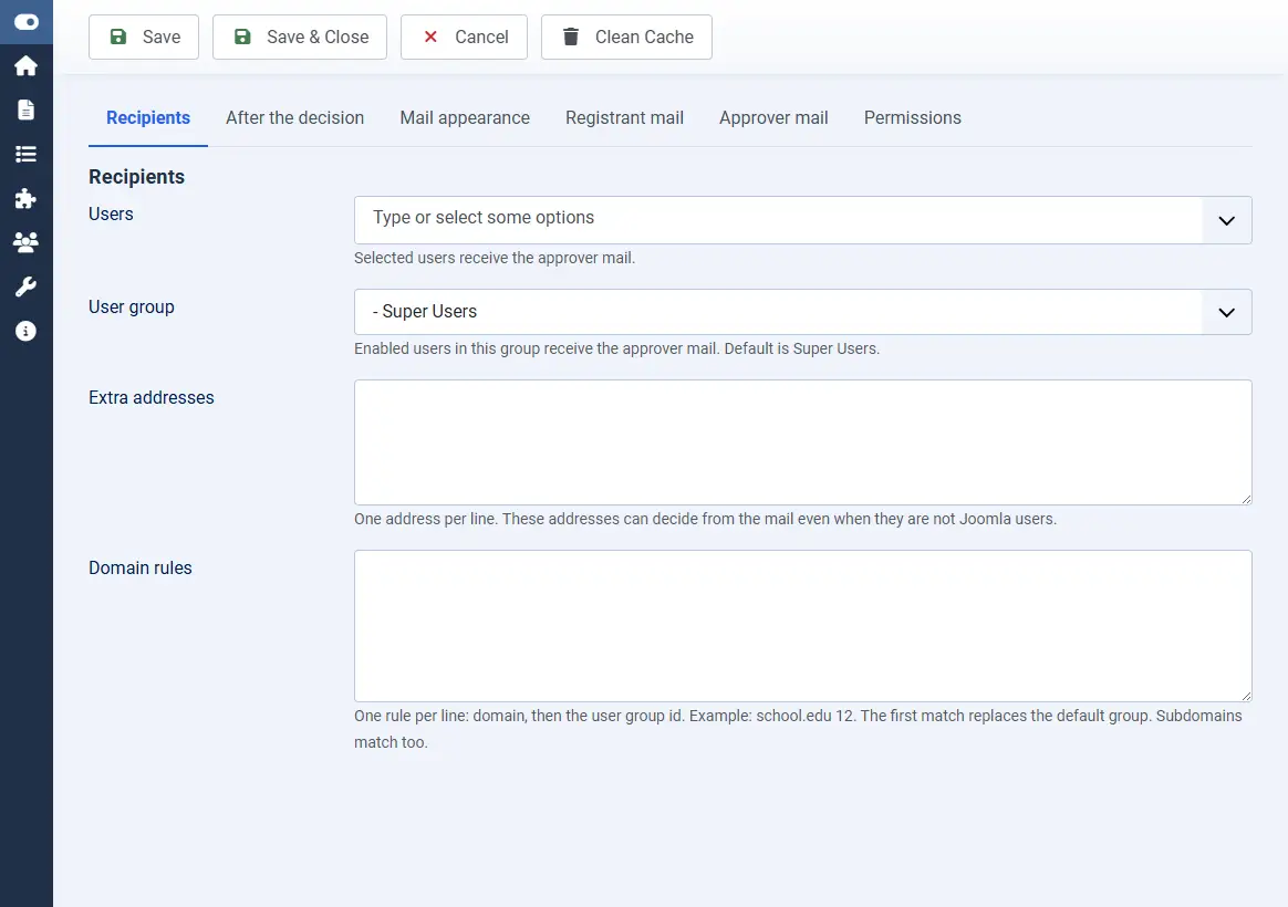 Recipients tab with user group Super Users, extra addresses, and domain rules