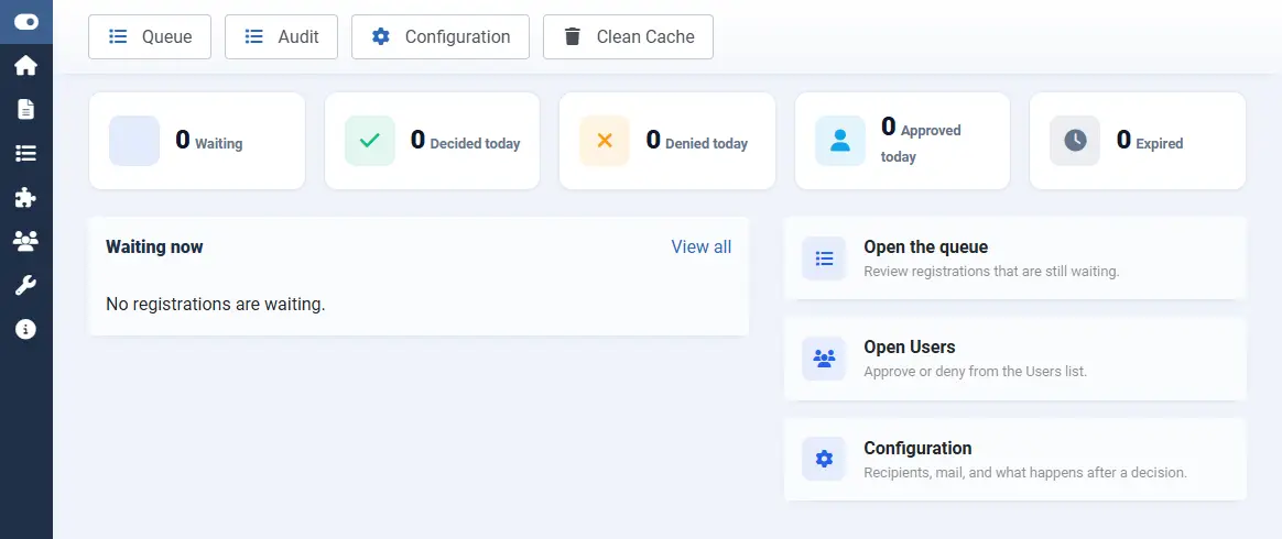 Dashboard with waiting, decided, denied, approved, and expired counts