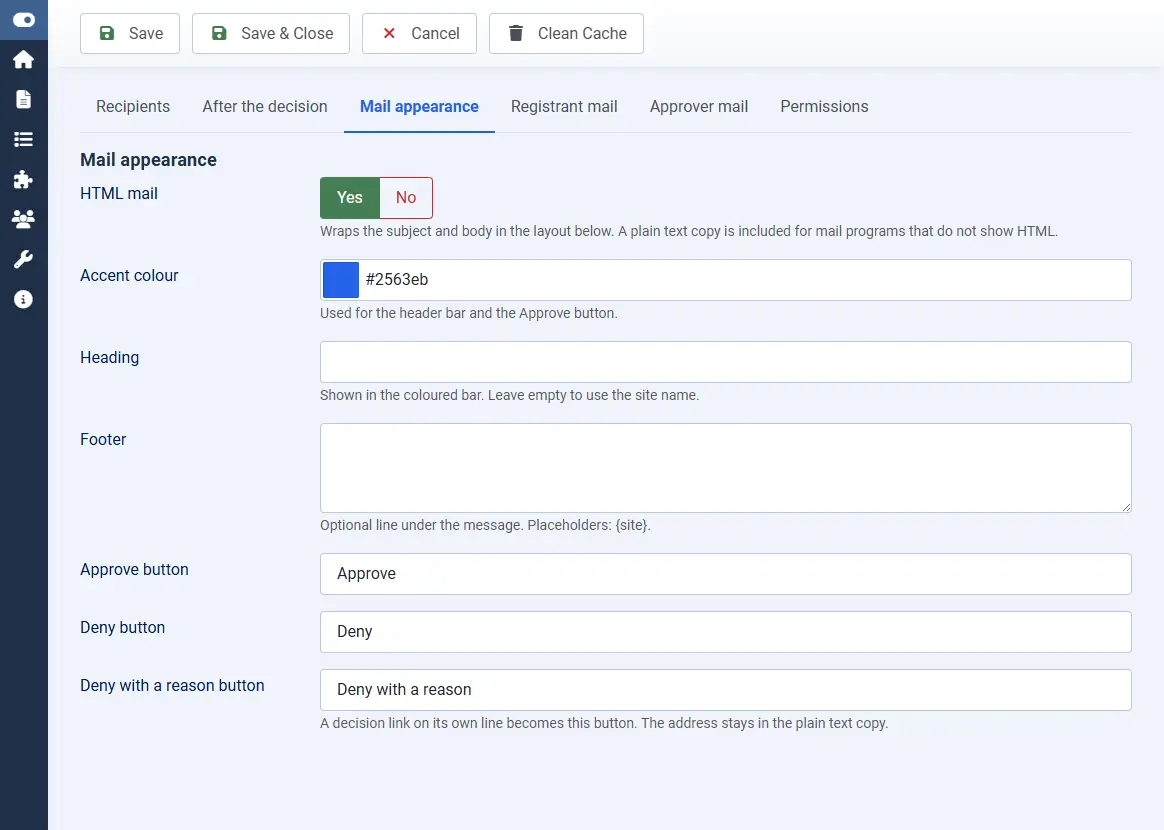 Mail appearance tab with HTML mail on, accent colour, heading, footer, and button labels