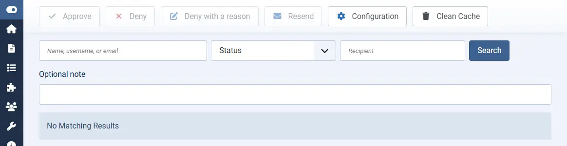 Queue with Approve, Deny, Deny with a reason, and a search