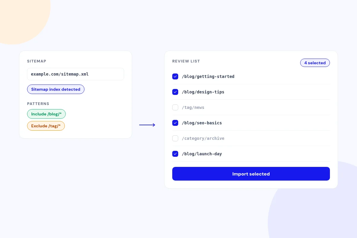 Sitemap import with include and exclude patterns