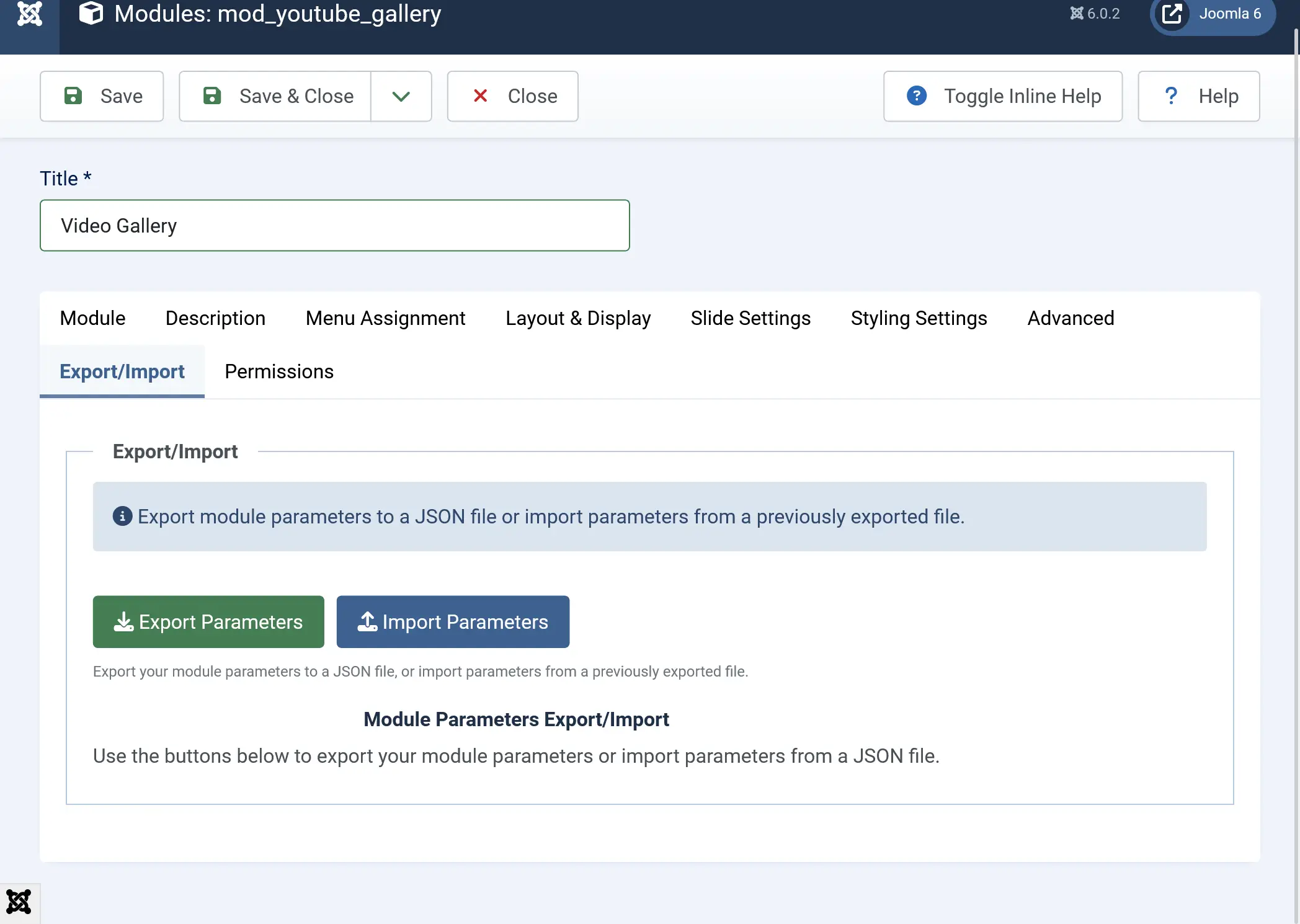 Export Parameters button in the module admin tab