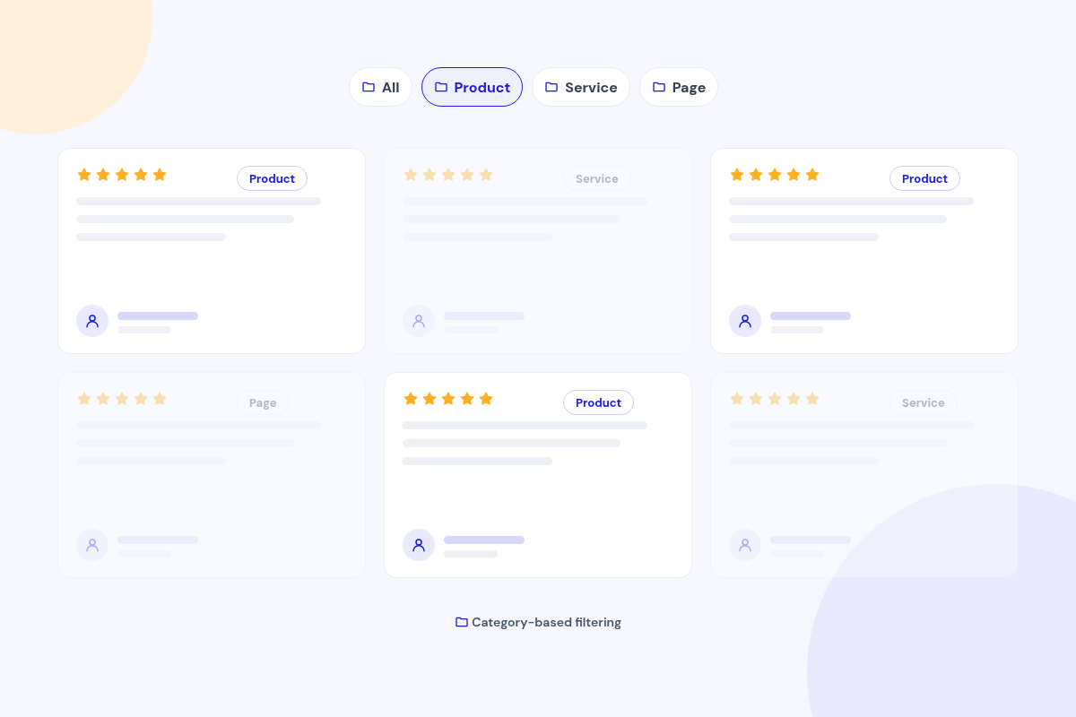 Category tabs for All, Product, Service and Page filtering a grid of testimonial cards to the Product category.