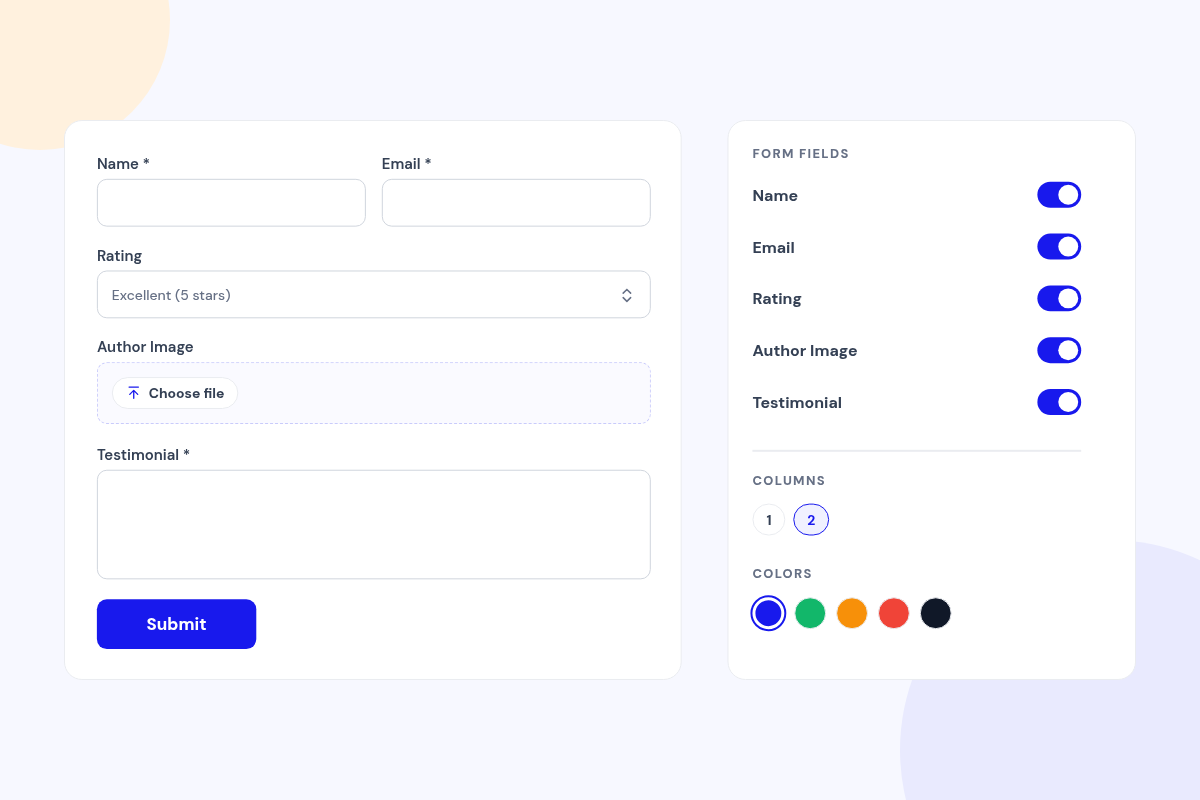 A testimonial submission form with Name, Email, Rating, Author Image and Testimonial fields, beside a settings panel with field toggles, a two-column option and colour swatches.