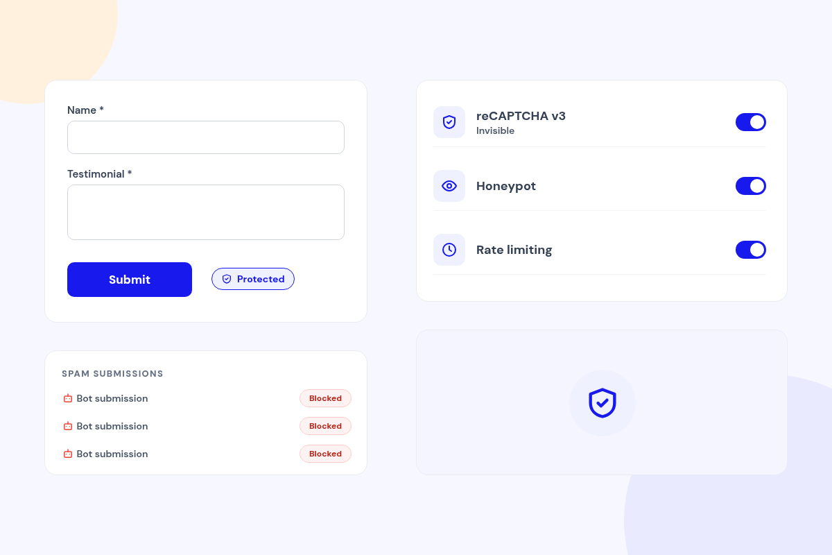 A protected submission form, settings toggles for reCAPTCHA v3, Honeypot and Rate limiting, and a list of blocked bot submissions.