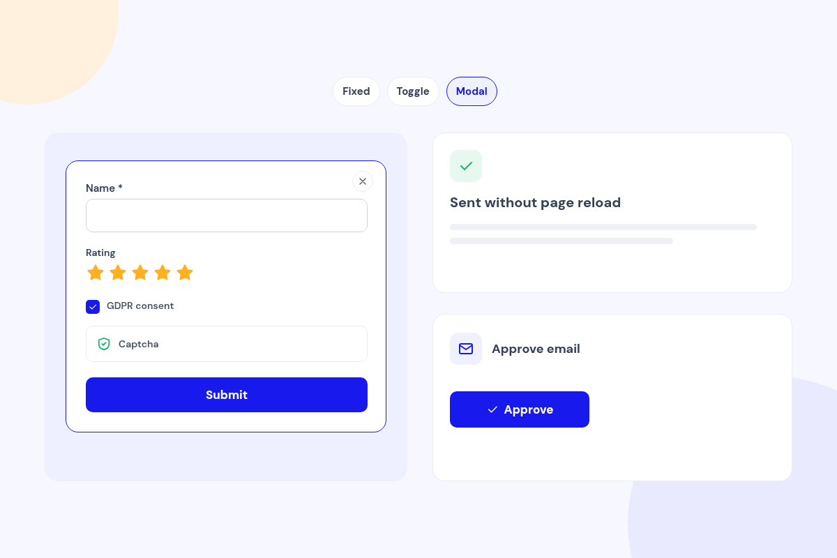 Fixed, Toggle and Modal options above a modal testimonial form with rating, GDPR consent and captcha, plus a sent confirmation and an approve email.