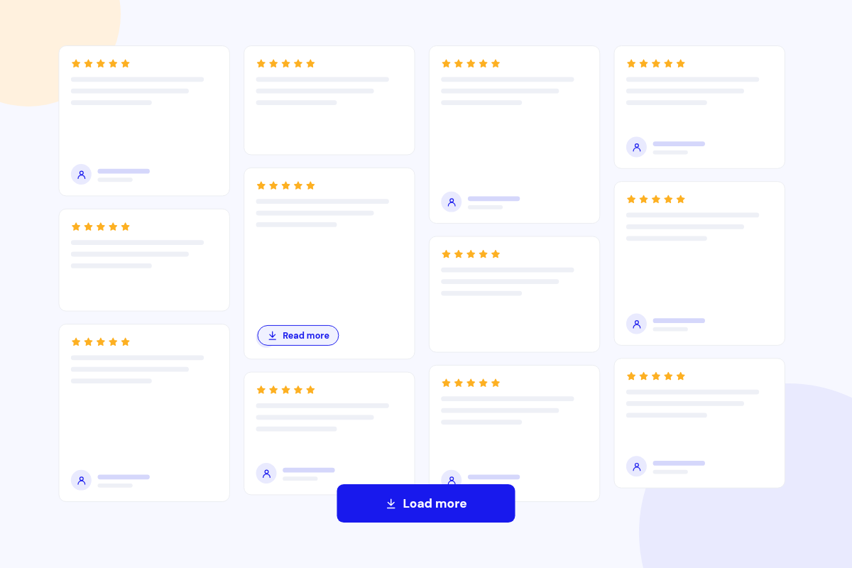 A masonry wall of testimonial cards of different heights with a Read more link and a Load more button.