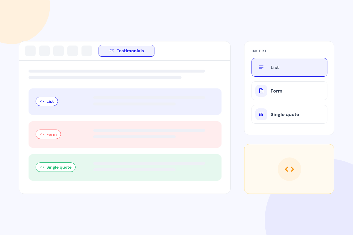 An article editor with a Testimonials toolbar button and embedded list, form and single quote blocks.