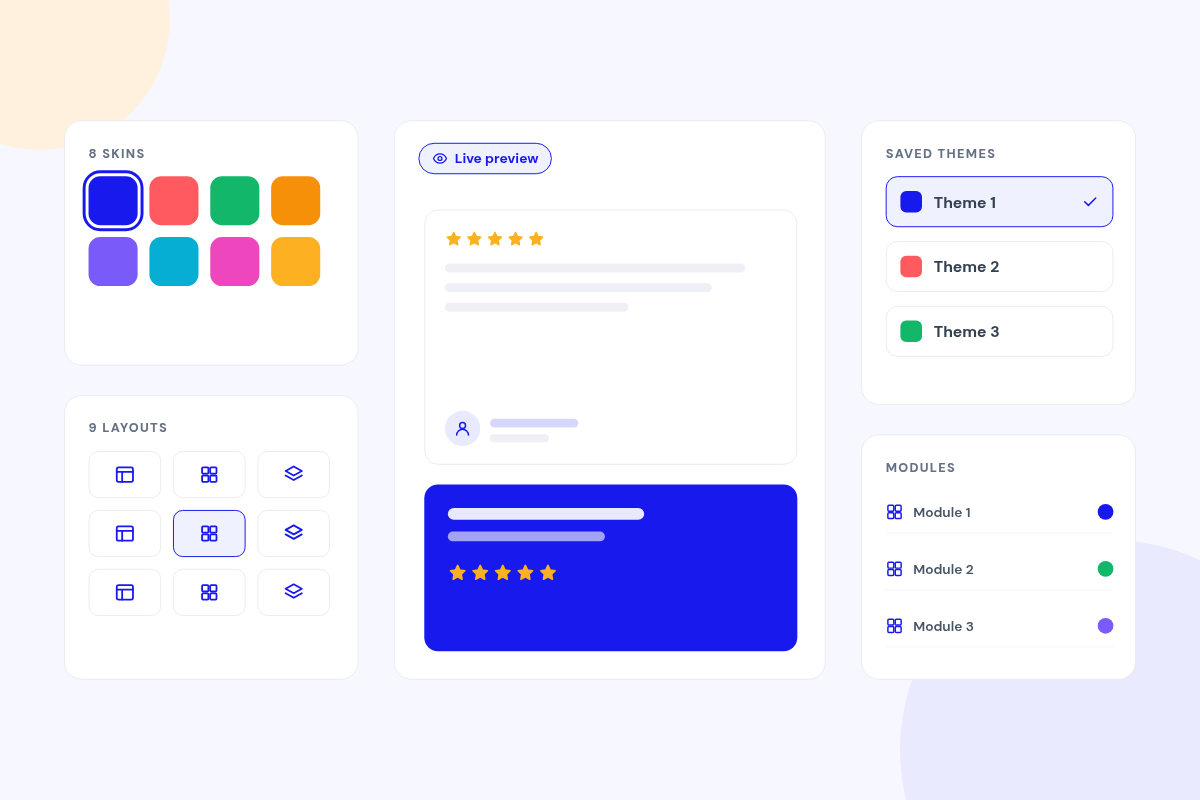 Theme Studio panels showing eight colour skins, nine layout options, a live card preview and a list of saved themes assigned to modules.